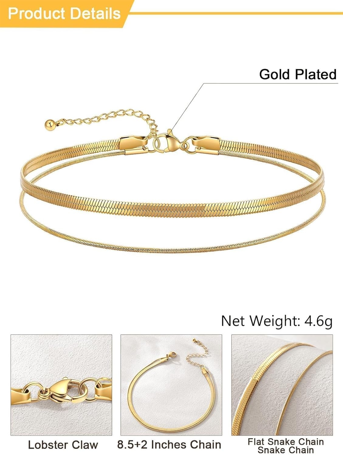 image:imageU7 SilverGold Ankle Bracelets for Women Layered Chain Anklets Stainless Steel Waterproof Summer Beach Anklet Cham Adjustable 85105Gold Flat Snake ChainSnake Chain