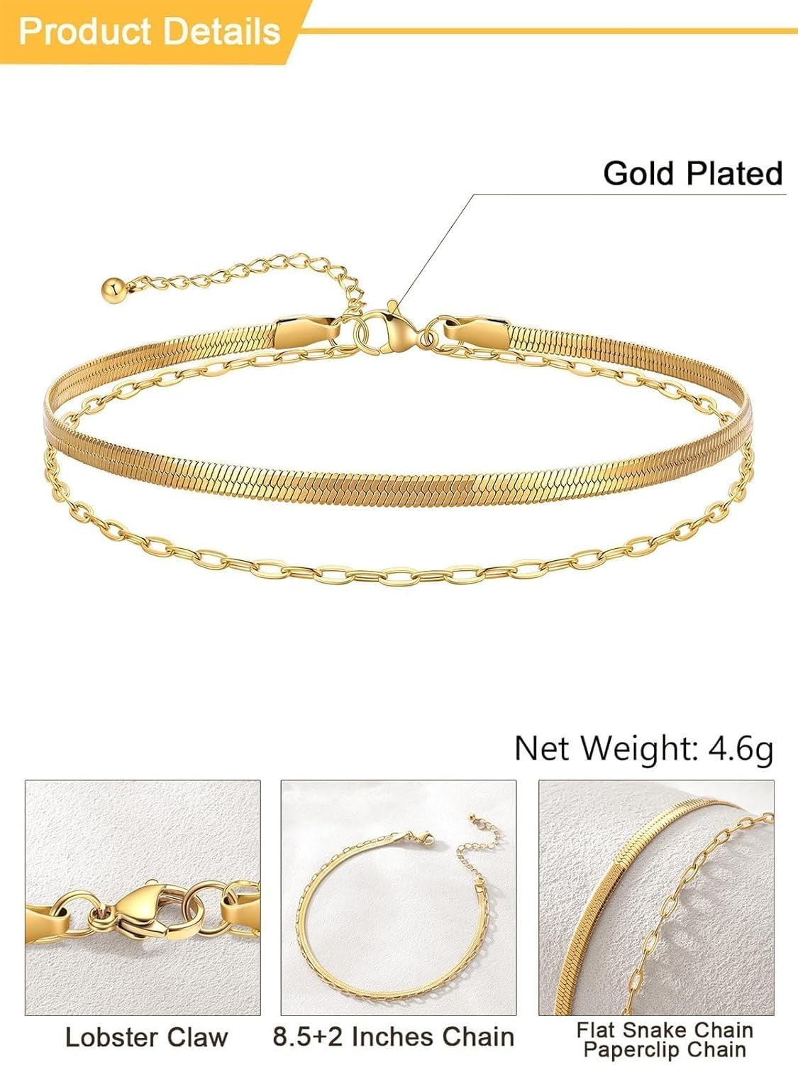 image:imageU7 SilverGold Ankle Bracelets for Women Layered Chain Anklets Stainless Steel Waterproof Summer Beach Anklet Cham Adjustable 85105Gold Flat Snake ChainPaperclip Chain