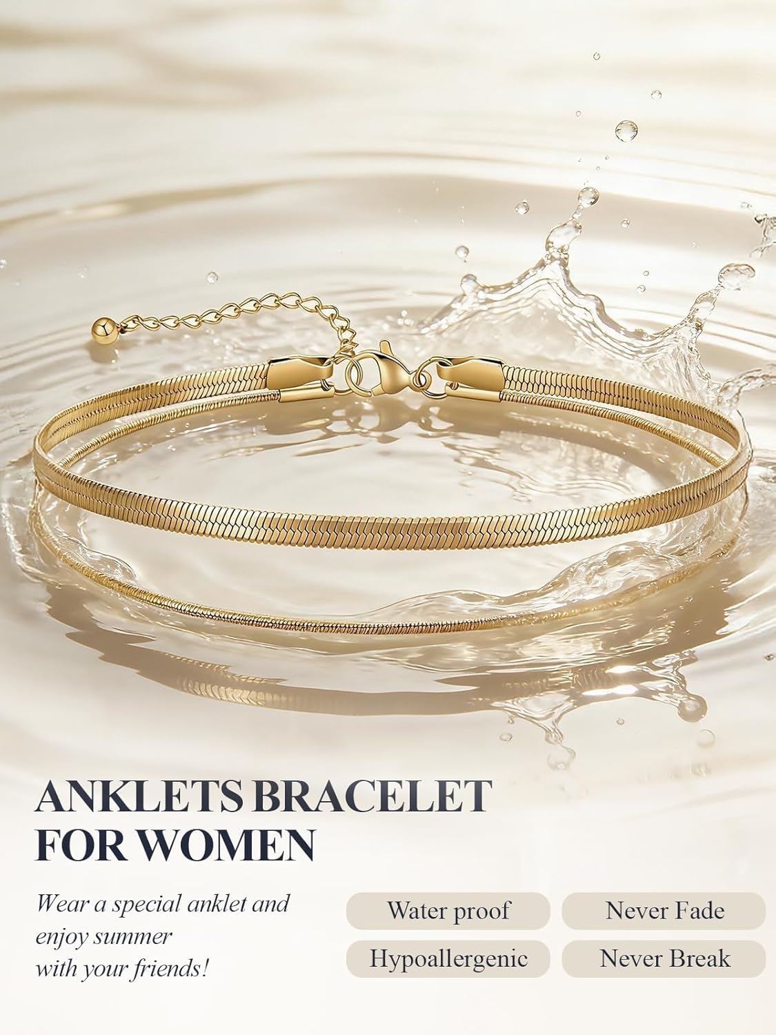 image:imageU7 SilverGold Ankle Bracelets for Women Layered Chain Anklets Stainless Steel Waterproof Summer Beach Anklet Cham Adjustable 85105Gold Flat Snake ChainSnake Chain