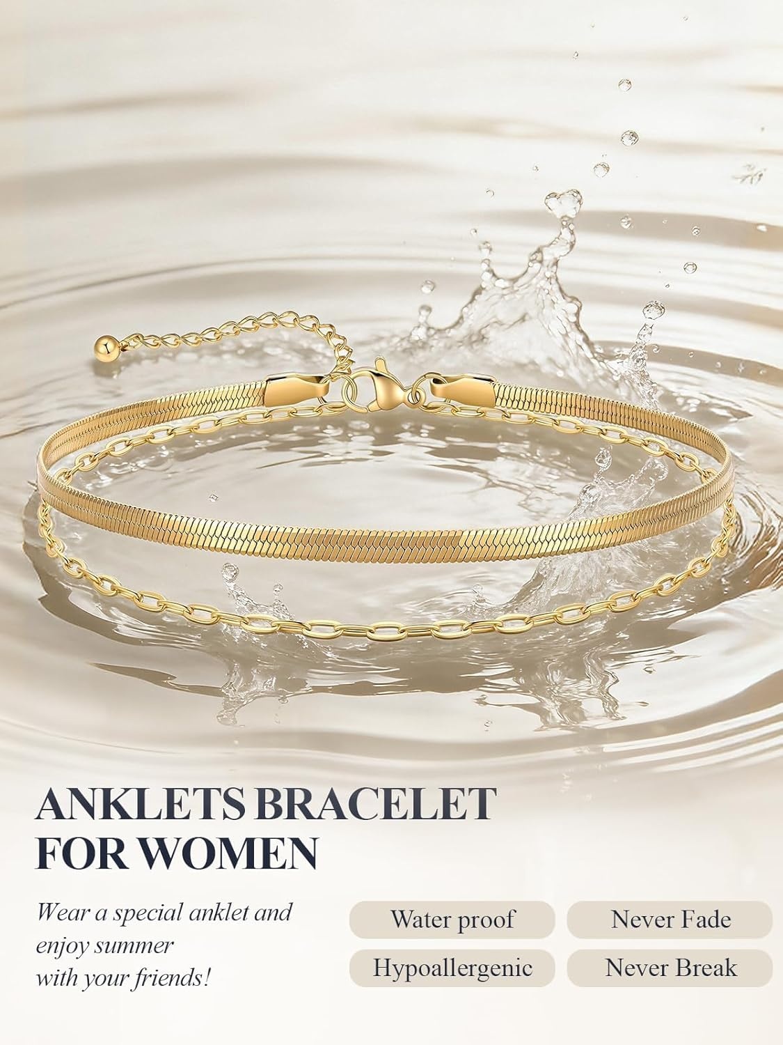 image:imageU7 SilverGold Ankle Bracelets for Women Layered Chain Anklets Stainless Steel Waterproof Summer Beach Anklet Cham Adjustable 85105Gold Flat Snake ChainPaperclip Chain