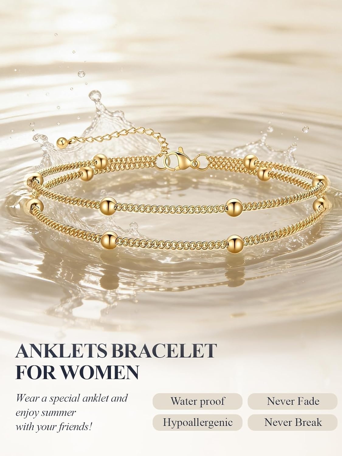 image:imageU7 SilverGold Ankle Bracelets for Women Layered Chain Anklets Stainless Steel Waterproof Summer Beach Anklet Cham Adjustable 85105Gold Layered Ball Chain