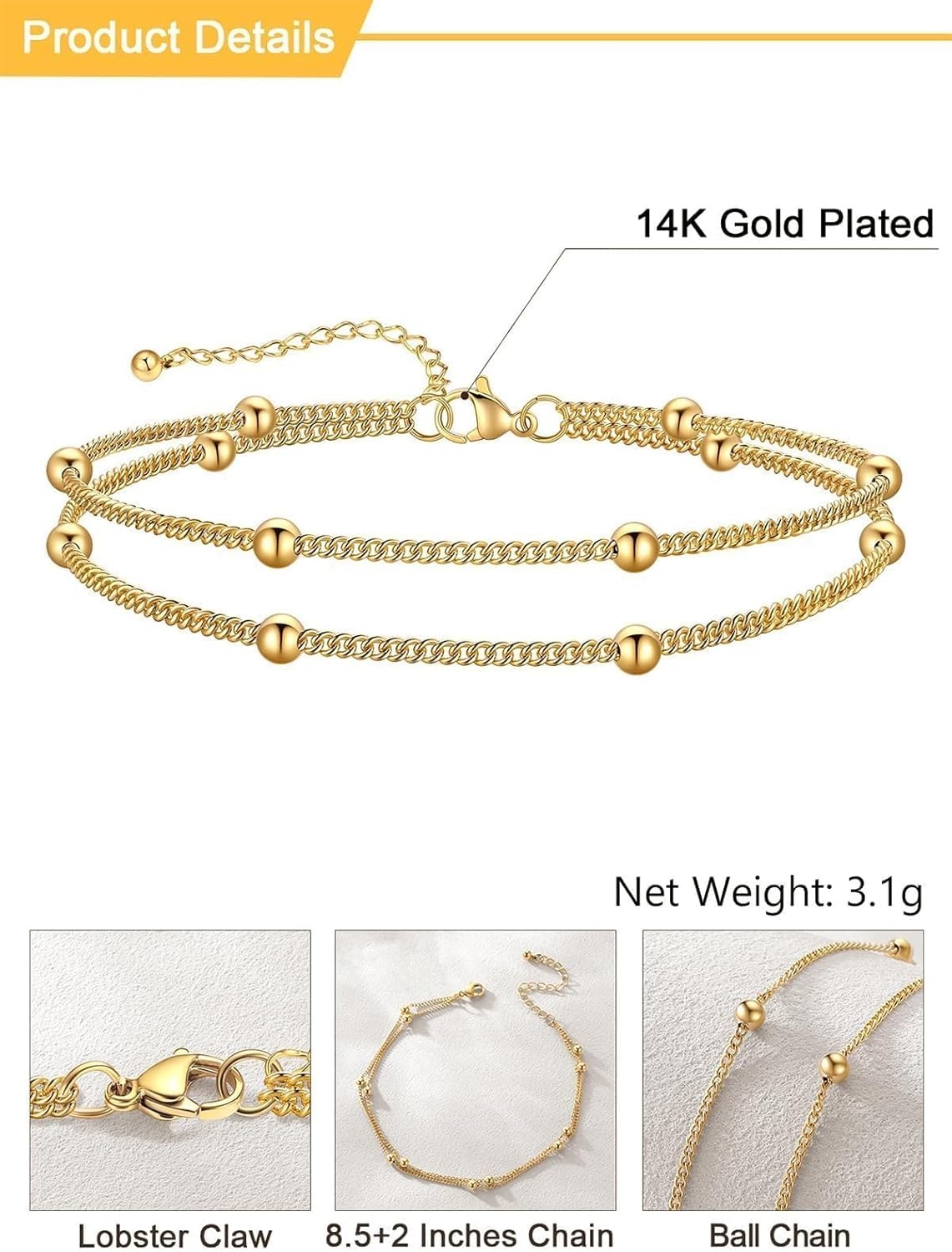 image:imageU7 SilverGold Ankle Bracelets for Women Layered Chain Anklets Stainless Steel Waterproof Summer Beach Anklet Cham Adjustable 85105Gold Layered Ball Chain