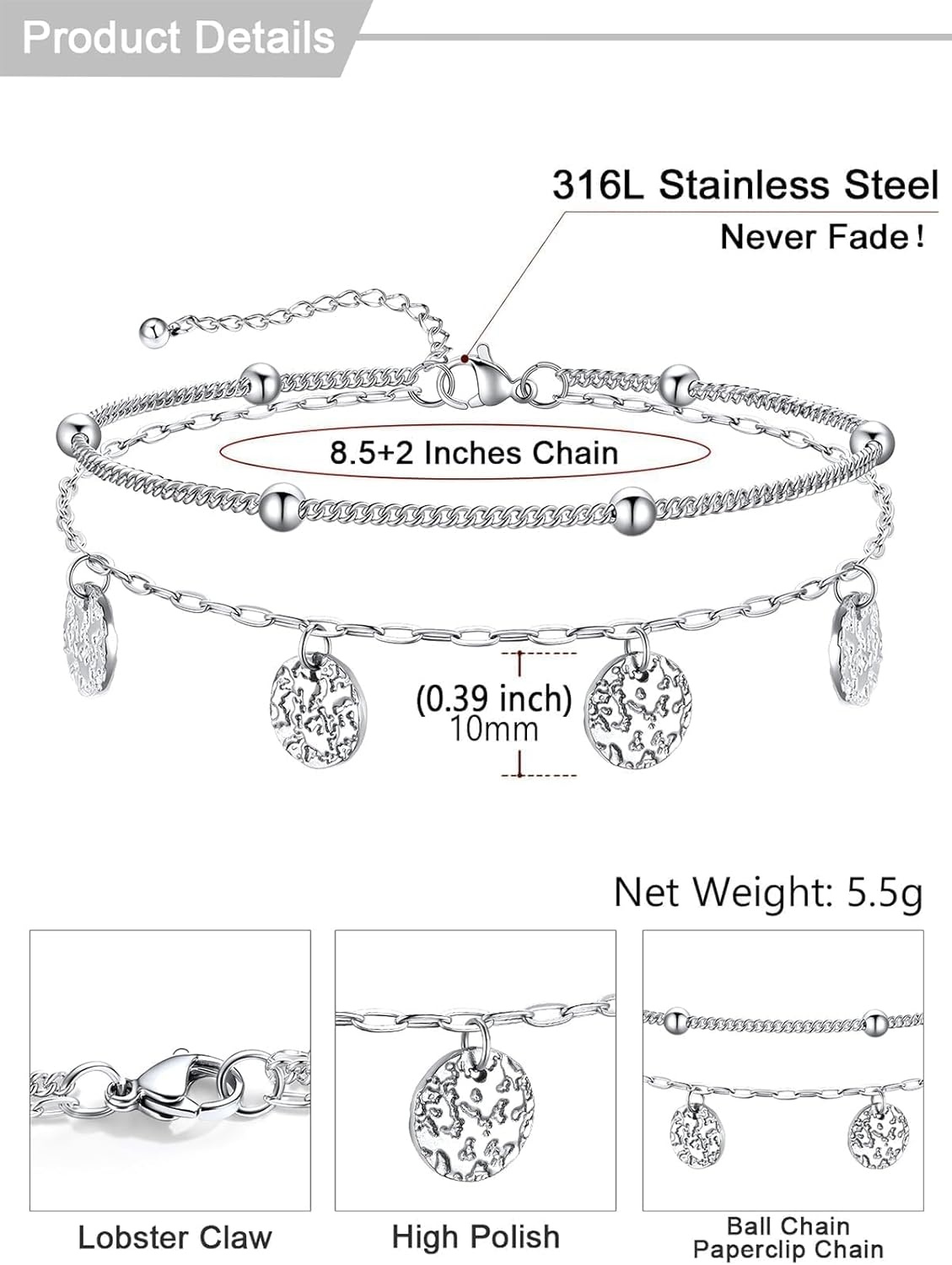 image:imageU7 SilverGold Ankle Bracelets for Women Layered Chain Anklets Stainless Steel Waterproof Summer Beach Anklet Cham Adjustable 85105Silver Ball ChainPaperclip Chain