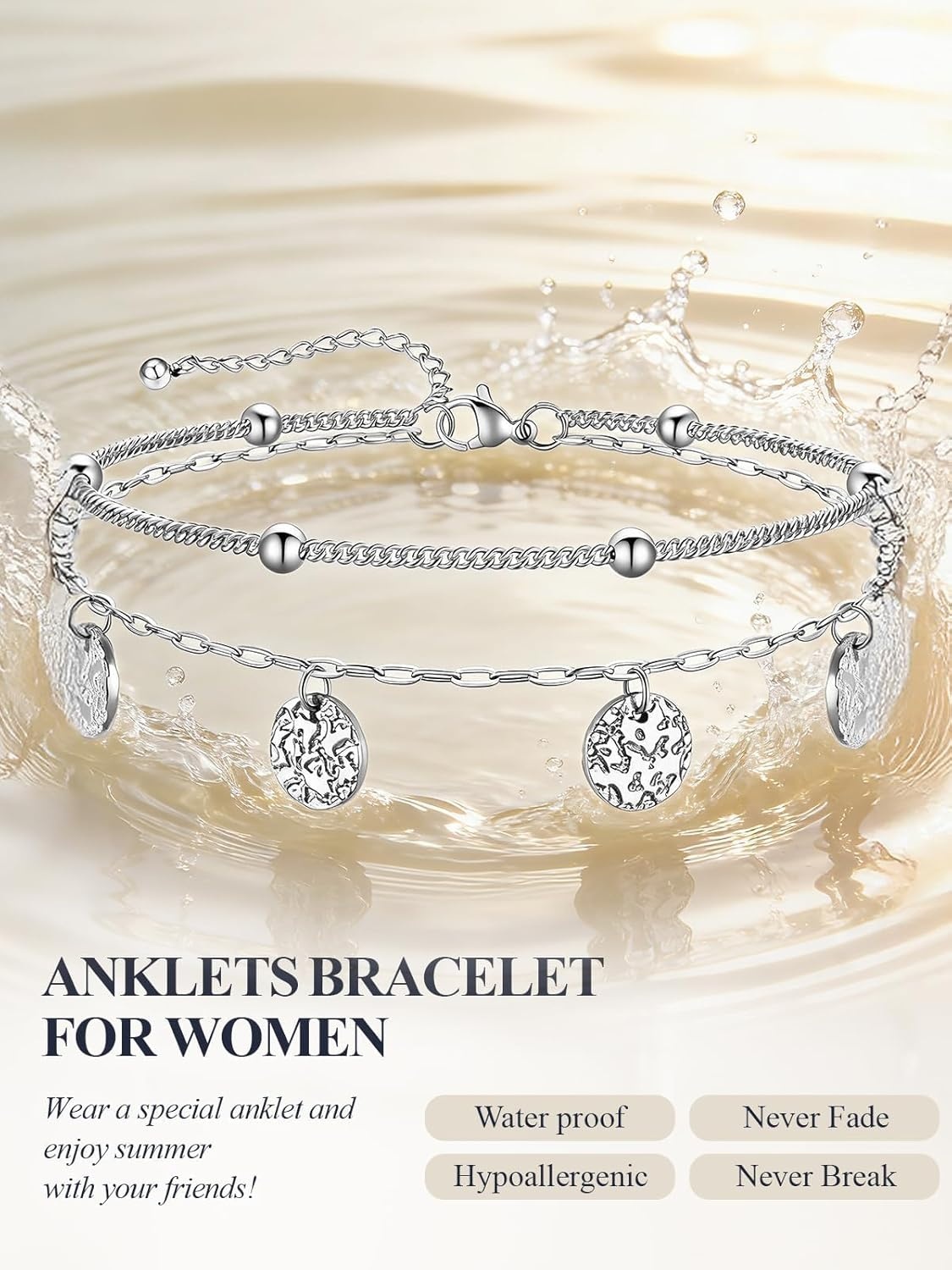 image:imageU7 SilverGold Ankle Bracelets for Women Layered Chain Anklets Stainless Steel Waterproof Summer Beach Anklet Cham Adjustable 85105Silver Ball ChainPaperclip Chain
