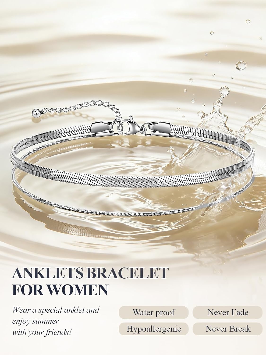 image:imageU7 SilverGold Ankle Bracelets for Women Layered Chain Anklets Stainless Steel Waterproof Summer Beach Anklet Cham Adjustable 85105Silver Flat Snake ChainSnake Chain