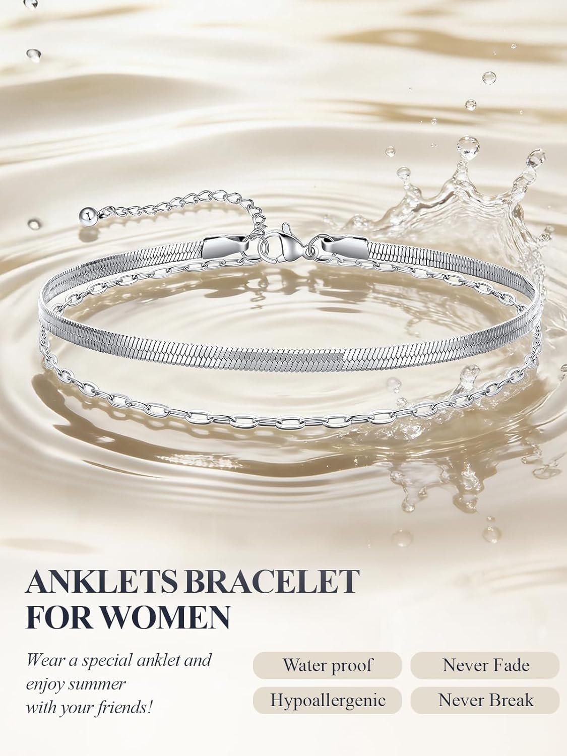 image:imageU7 SilverGold Ankle Bracelets for Women Layered Chain Anklets Stainless Steel Waterproof Summer Beach Anklet Cham Adjustable 85105Silver Flat Snake ChainPaperclip Chain