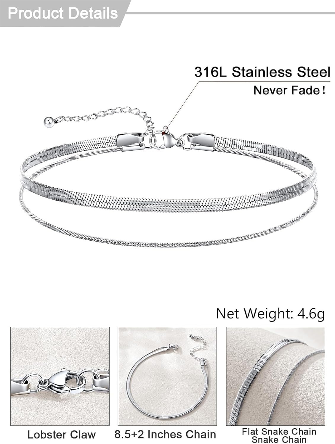 image:imageU7 SilverGold Ankle Bracelets for Women Layered Chain Anklets Stainless Steel Waterproof Summer Beach Anklet Cham Adjustable 85105Silver Flat Snake ChainSnake Chain