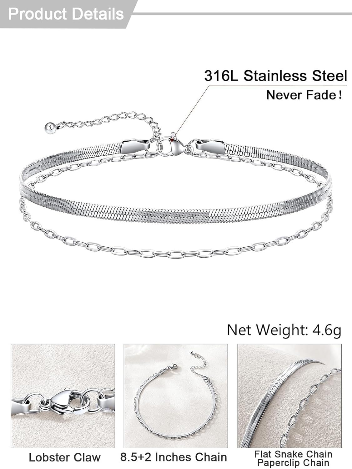 image:imageU7 SilverGold Ankle Bracelets for Women Layered Chain Anklets Stainless Steel Waterproof Summer Beach Anklet Cham Adjustable 85105Silver Flat Snake ChainPaperclip Chain
