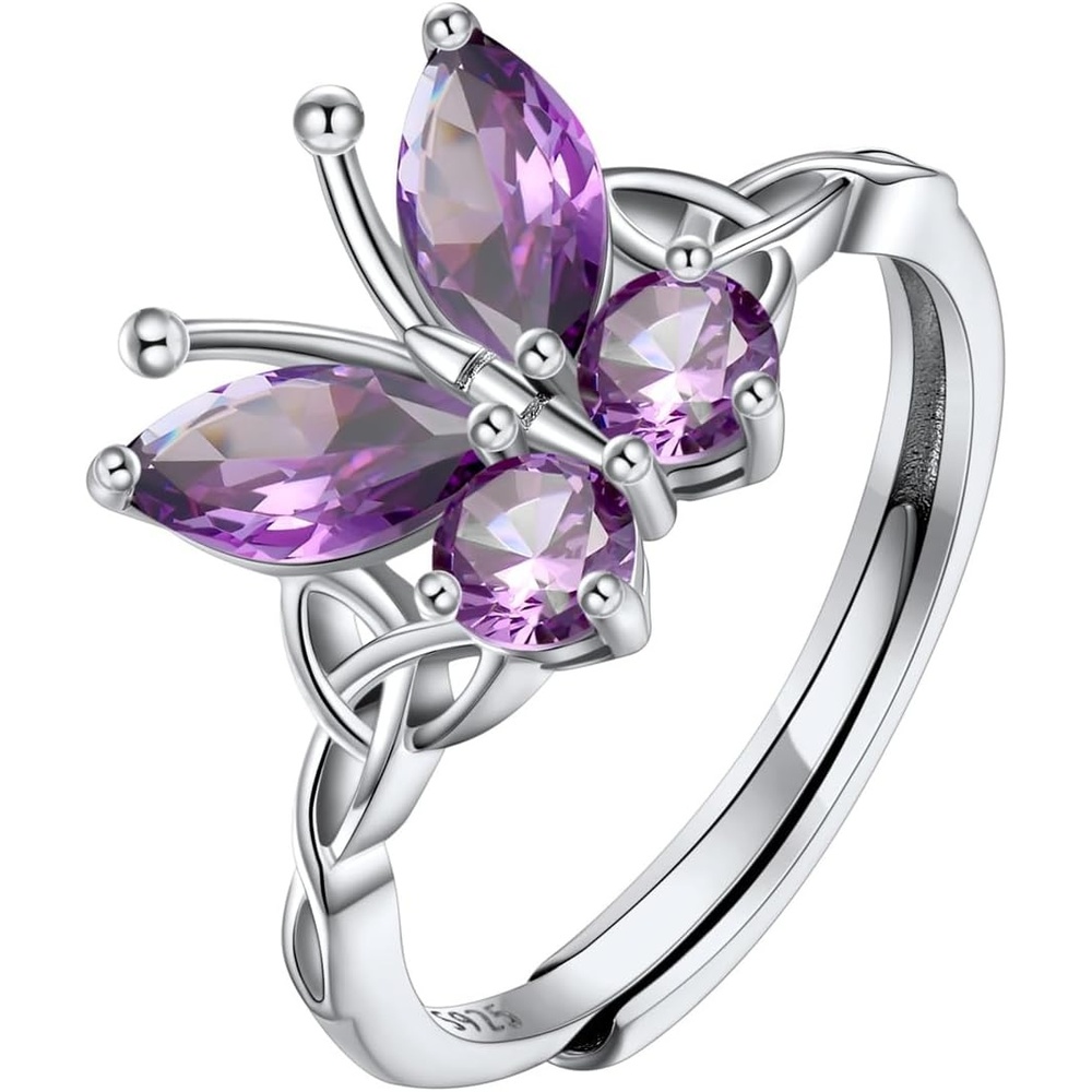 image:image925 Sterling Silver Butterfly RingAdjustable Silver Birthstone Rings for WomenDainty Butterfly Stackable Rings Gifts for Her06JuneAlexandriteButterfly