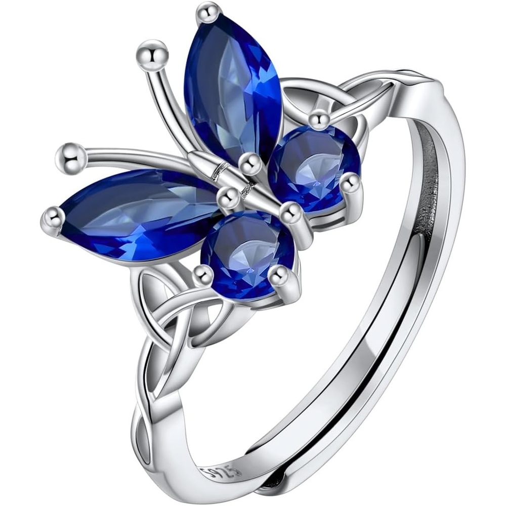 image:image925 Sterling Silver Butterfly RingAdjustable Silver Birthstone Rings for WomenDainty Butterfly Stackable Rings Gifts for Her09SeptemberSapphireButterfly
