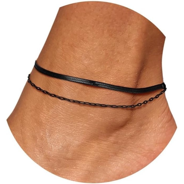 image:imageU7 SilverGold Ankle Bracelets for Women Layered Chain Anklets Stainless Steel Waterproof Summer Beach Anklet Cham Adjustable 85105Black  Flat Snake ChainPaperclip Chain