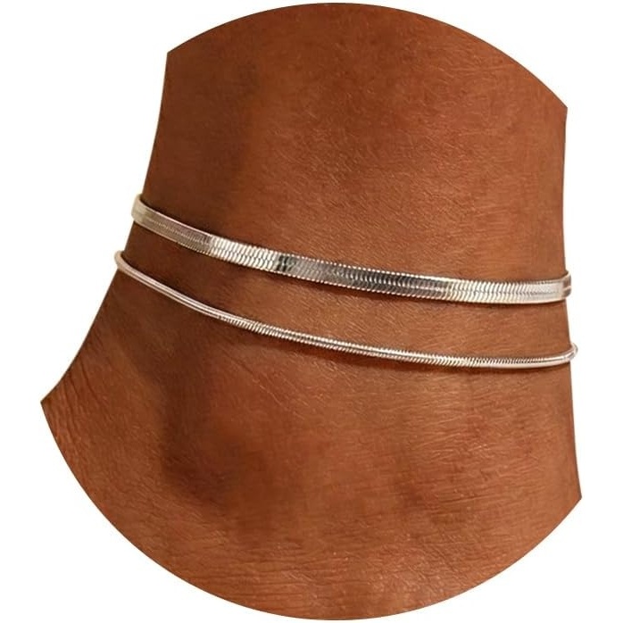image:imageU7 SilverGold Ankle Bracelets for Women Layered Chain Anklets Stainless Steel Waterproof Summer Beach Anklet Cham Adjustable 85105Silver  Flat Snake ChainSnake Chain