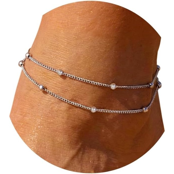 image:imageU7 SilverGold Ankle Bracelets for Women Layered Chain Anklets Stainless Steel Waterproof Summer Beach Anklet Cham Adjustable 85105Silver Layered Ball Chain