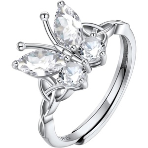 925 Sterling Silver Butterfly Ring,Adjustable Silver Birthstone Rings for Women,Dainty Butterfly Stackable Rings Gifts for Her(04.April(Diamond)-Butterfly)