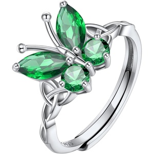 925 Sterling Silver Butterfly Ring,Adjustable Silver Birthstone Rings for Women,Dainty Butterfly Stackable Rings Gifts for Her(05.May(Emerald)-Butterfly)