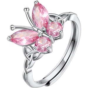 925 Sterling Silver Butterfly Ring,Adjustable Silver Birthstone Rings for Women,Dainty Butterfly Stackable Rings Gifts for Her(10.October(Pink Tourmaline)-Butterfly)