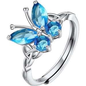 925 Sterling Silver Butterfly Ring,Adjustable Silver Birthstone Rings for Women,Dainty Butterfly Stackable Rings Gifts for Her(12.December(Blue Topaz)-Butterfly)
