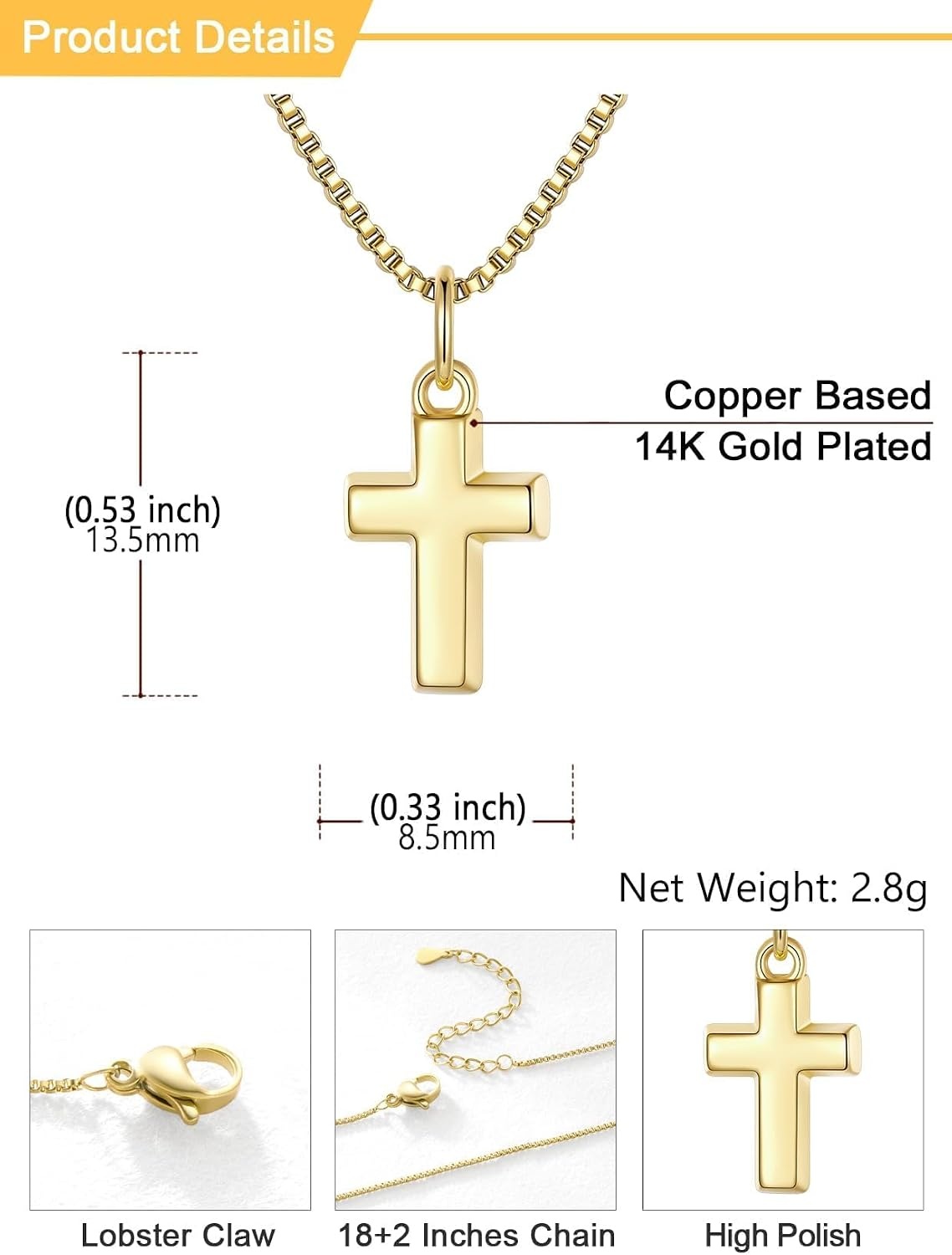 image:imageU7 Cross Necklace for Women 18204Small Cross14K Gold Plated