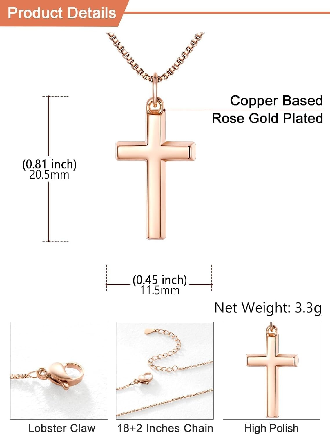 image:imageU7 Cross Necklace for Women 18208Medium CrossRose Gold Plated
