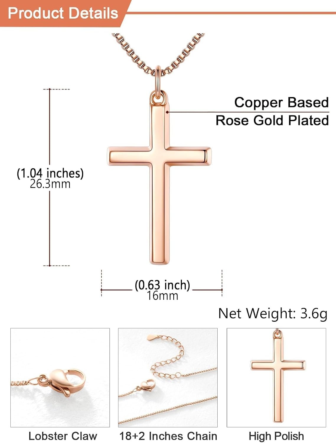 image:imageU7 Cross Necklace for Women 18209Large CrossRose Gold