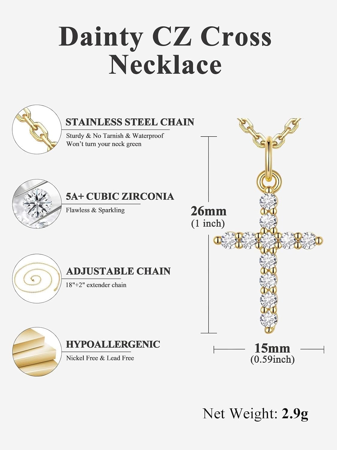 image:imageU7 Cross Necklace for WomenCZ Cross Pendant Necklace 182Gold