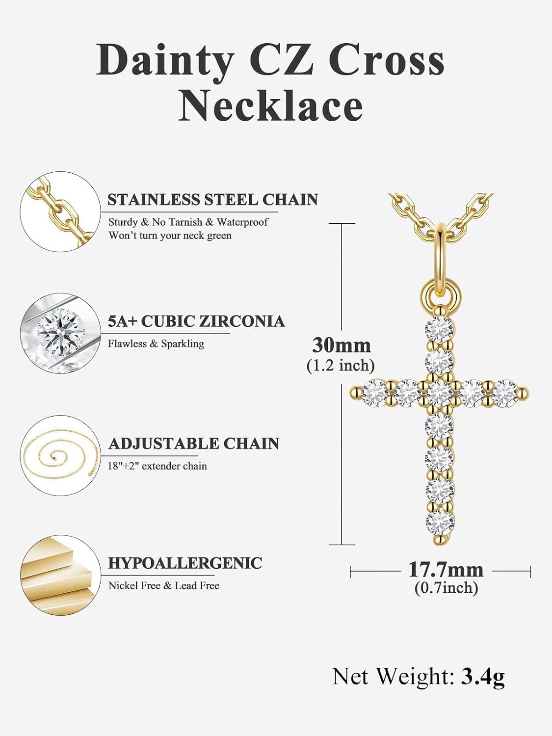 image:imageU7 Cross Necklace for WomenCZ Cross Pendant Necklace 182Gold