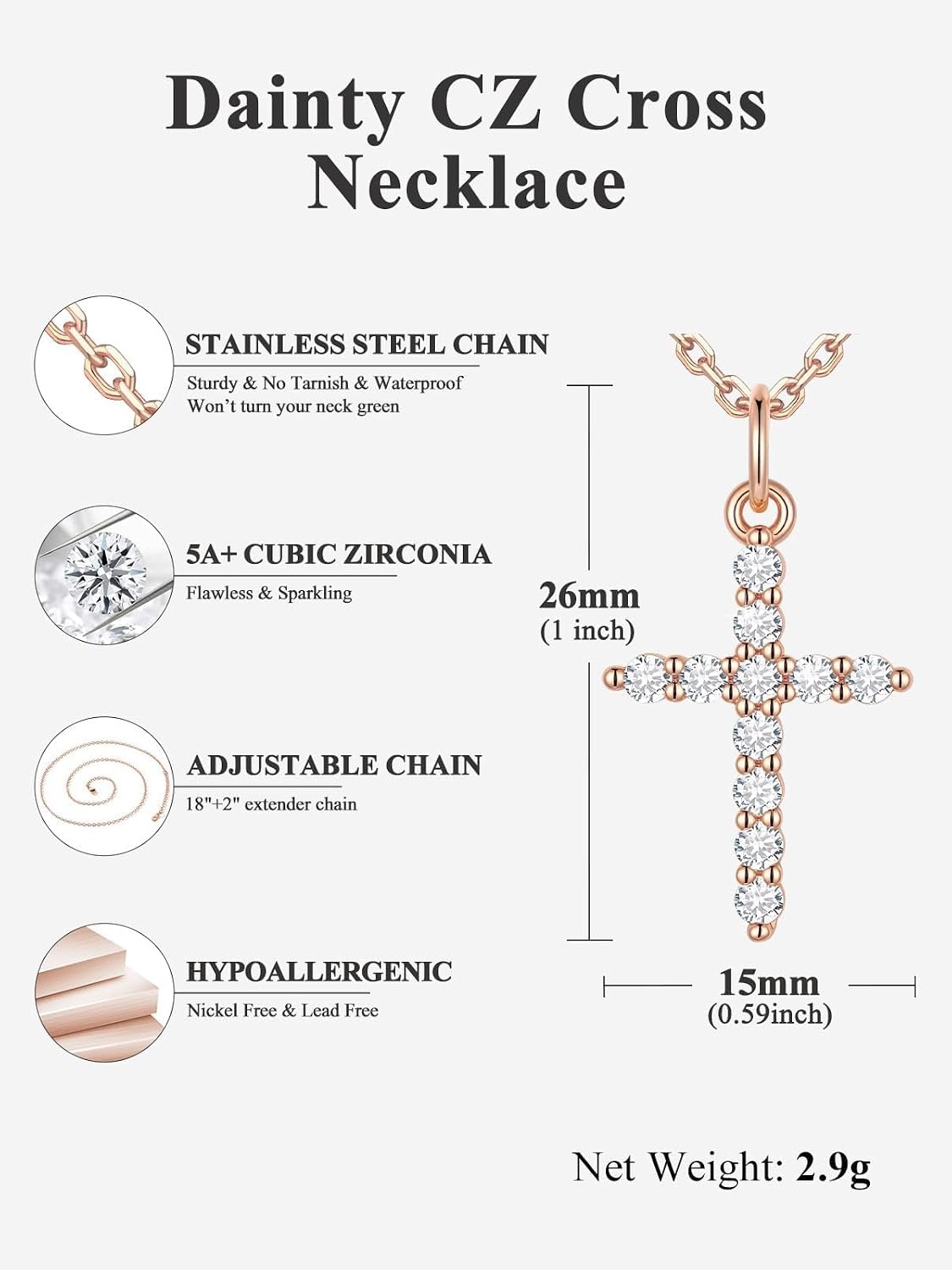 image:imageU7 Cross Necklace for WomenCZ Cross Pendant Necklace 182Rose Gold