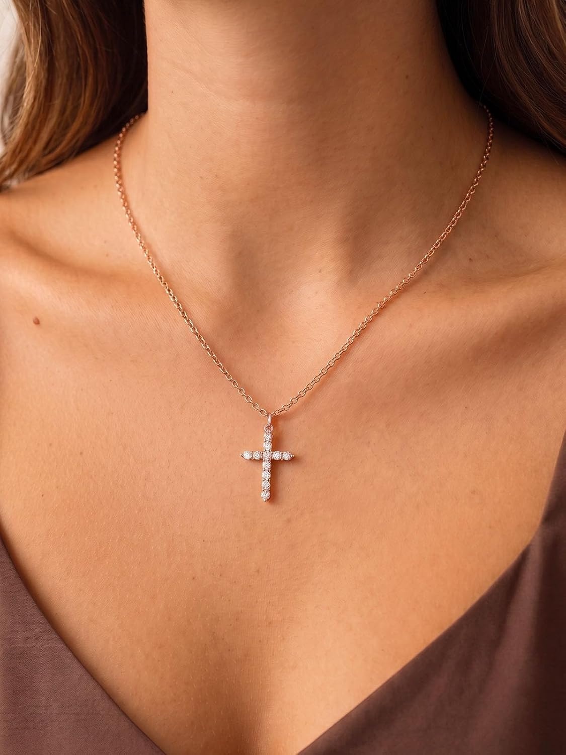 image:imageU7 Cross Necklace for WomenCZ Cross Pendant Necklace 182Rose Gold
