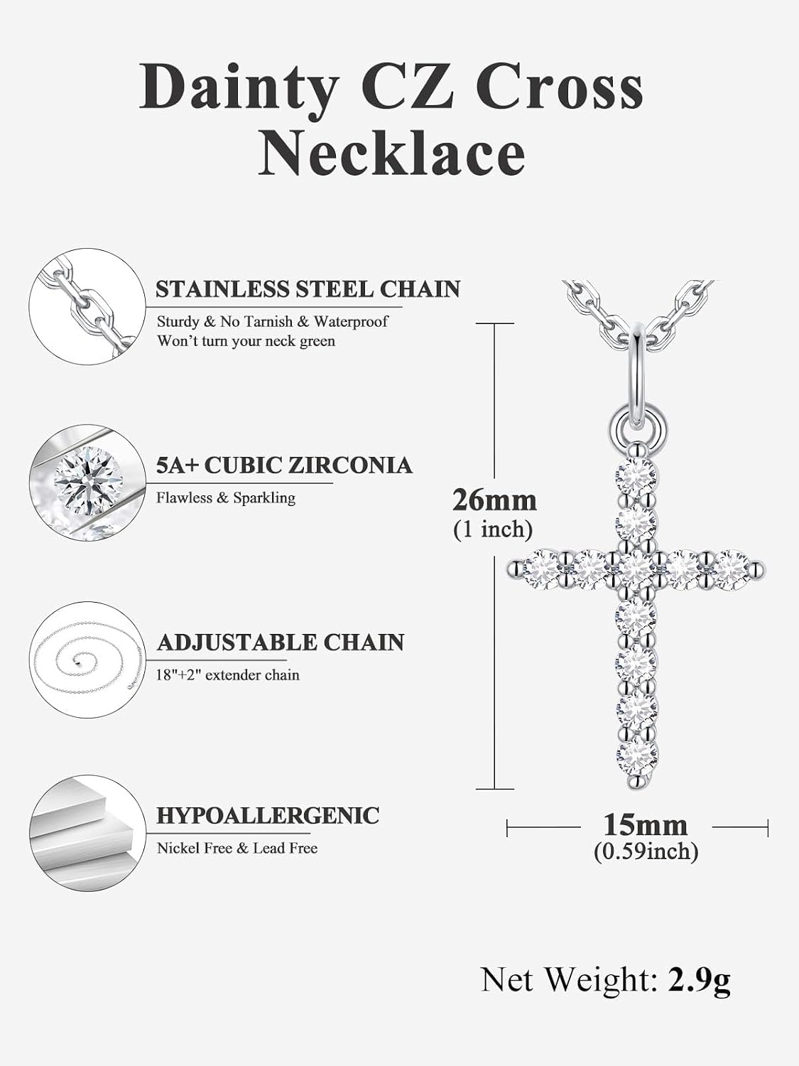 image:imageU7 Cross Necklace for WomenCZ Cross Pendant Necklace 182Silver