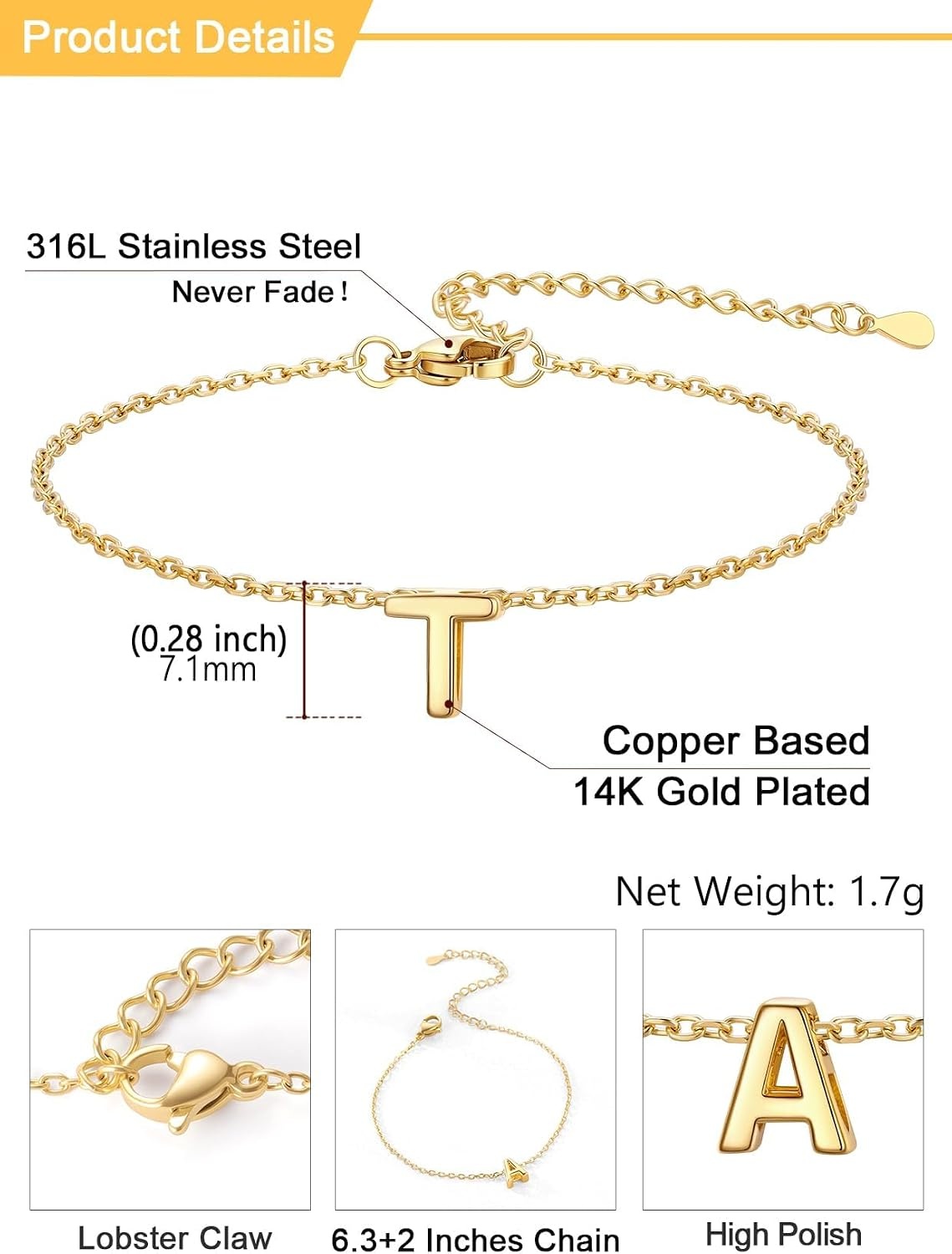 image:imageU7 Initial Heart Bracelet for Women Personalized Letter Chain BraceletsGoldInitial