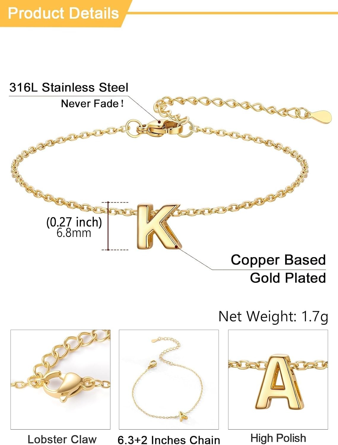 image:imageU7 Initial Heart Bracelet for Women Personalized Letter Chain BraceletsGoldInitial