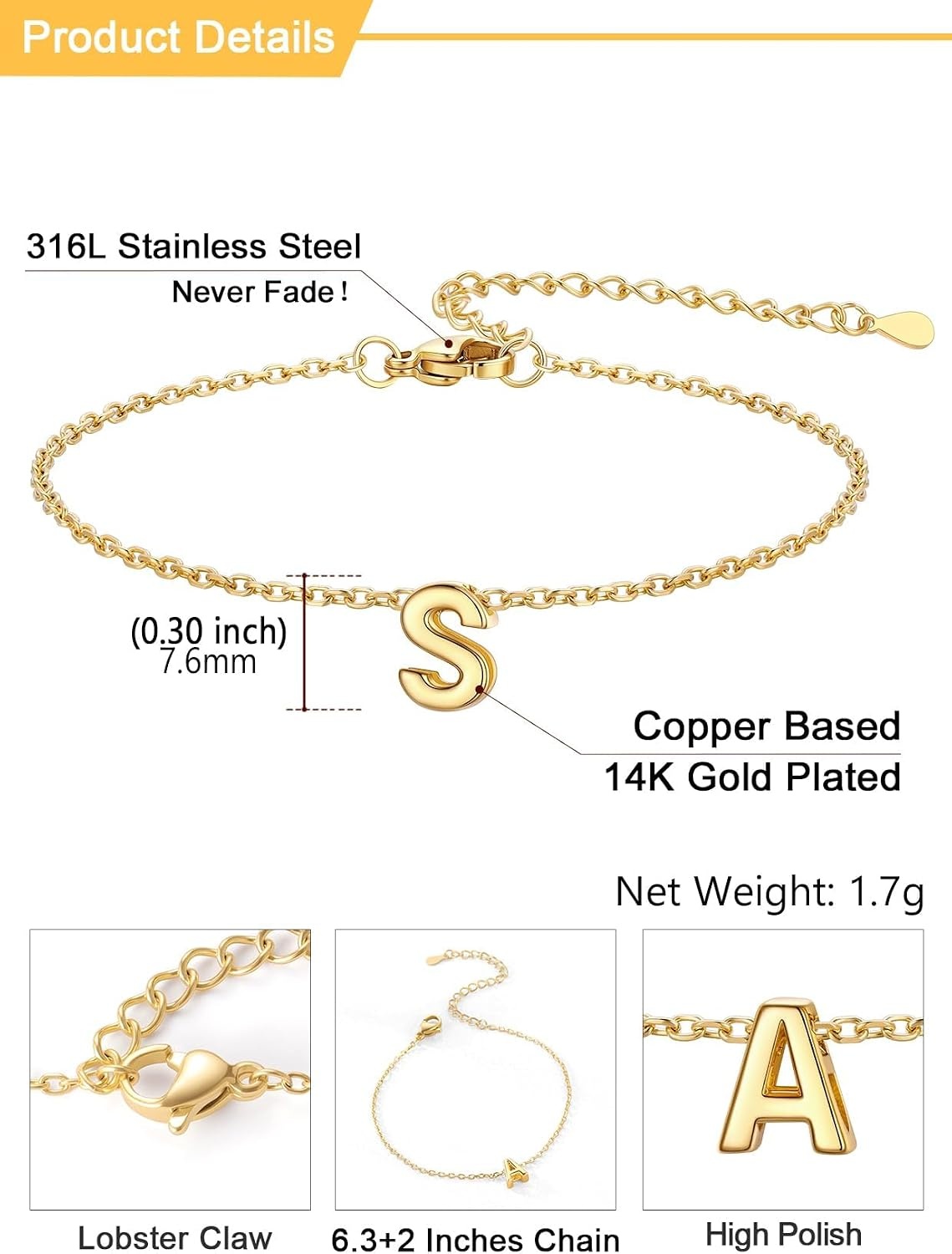 image:imageU7 Initial Heart Bracelet for Women Personalized Letter Chain BraceletsGoldInitial