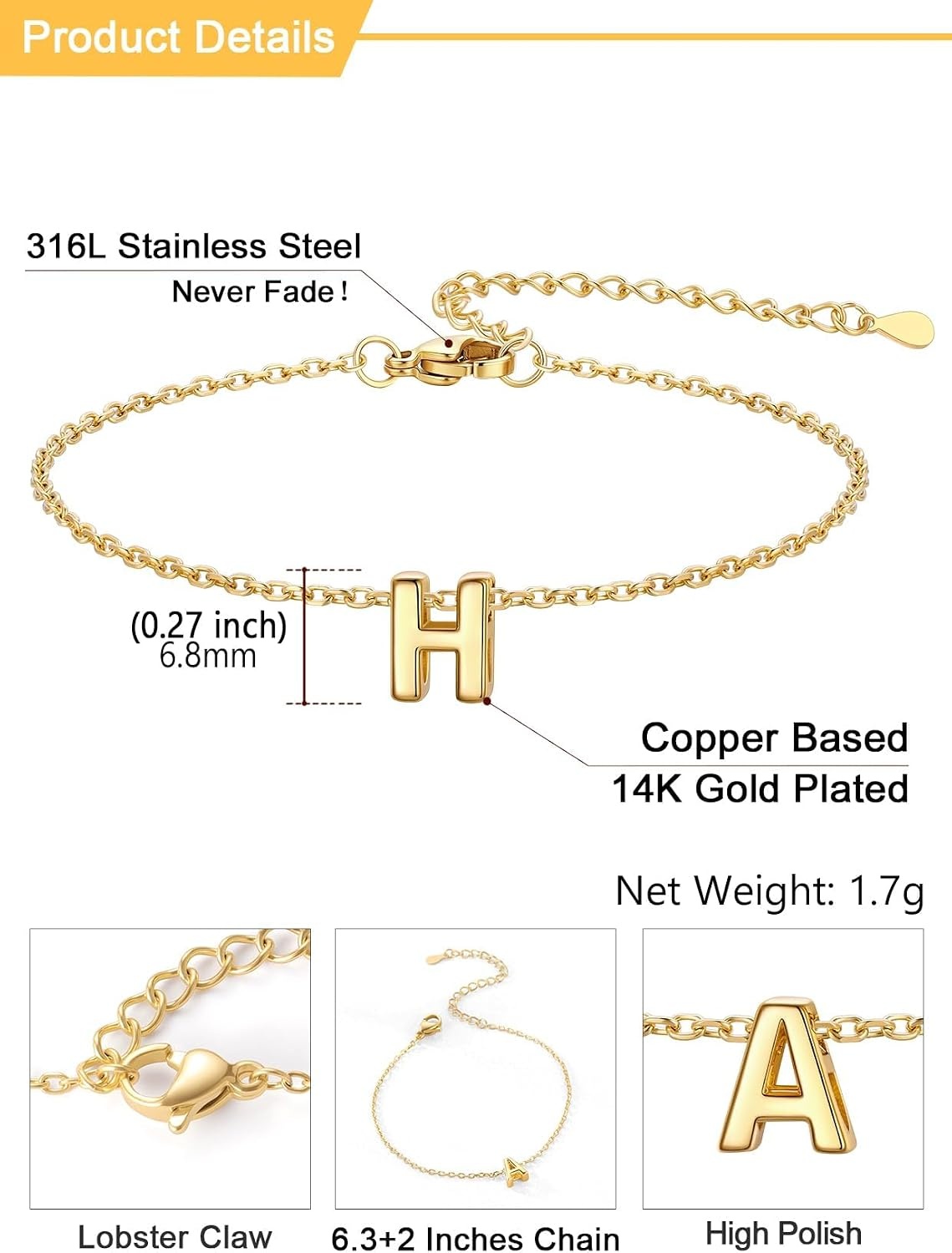 image:imageU7 Initial Heart Bracelet for Women Personalized Letter Chain BraceletsGoldInitial