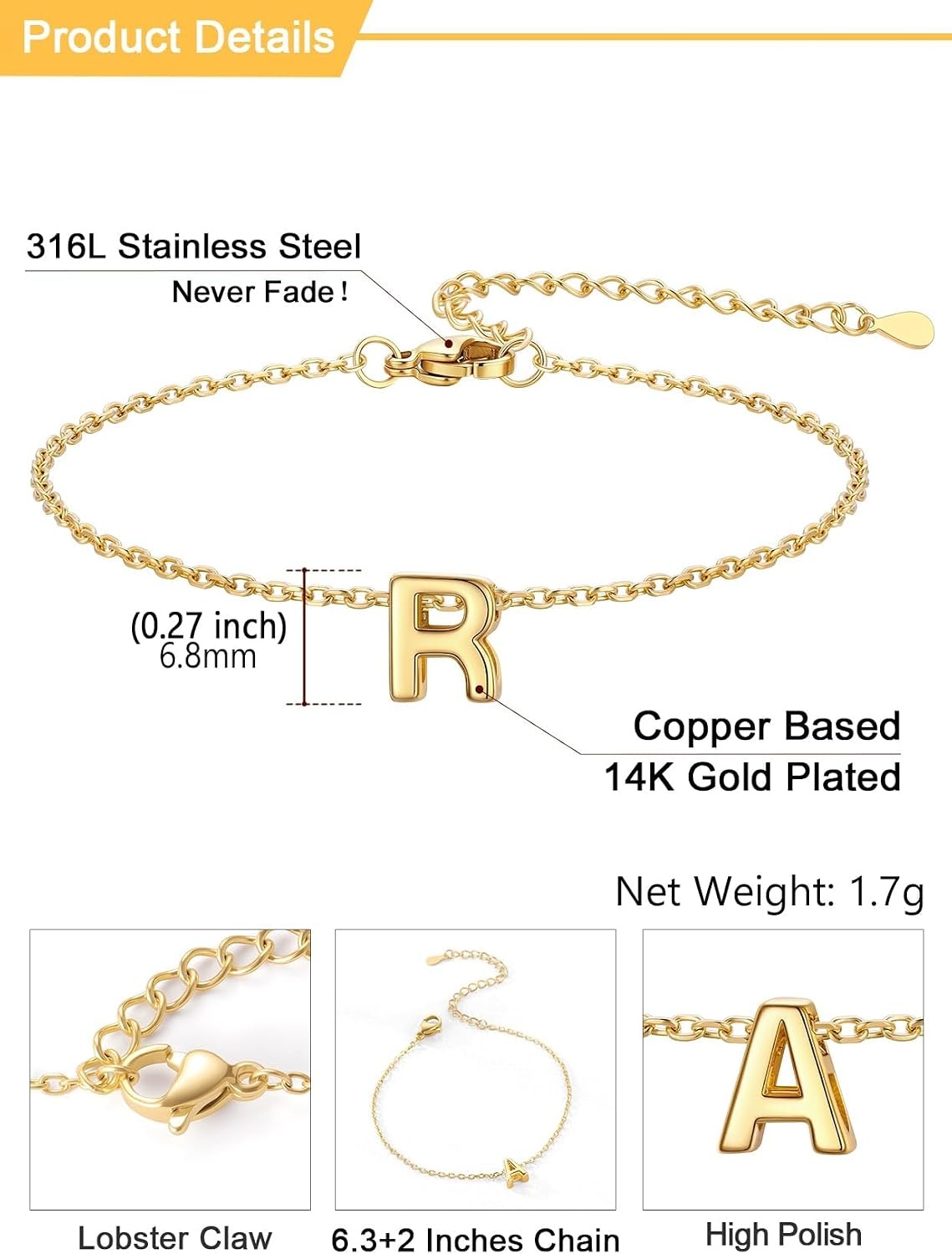 image:imageU7 Initial Heart Bracelet for Women Personalized Letter Chain BraceletsGoldInitial