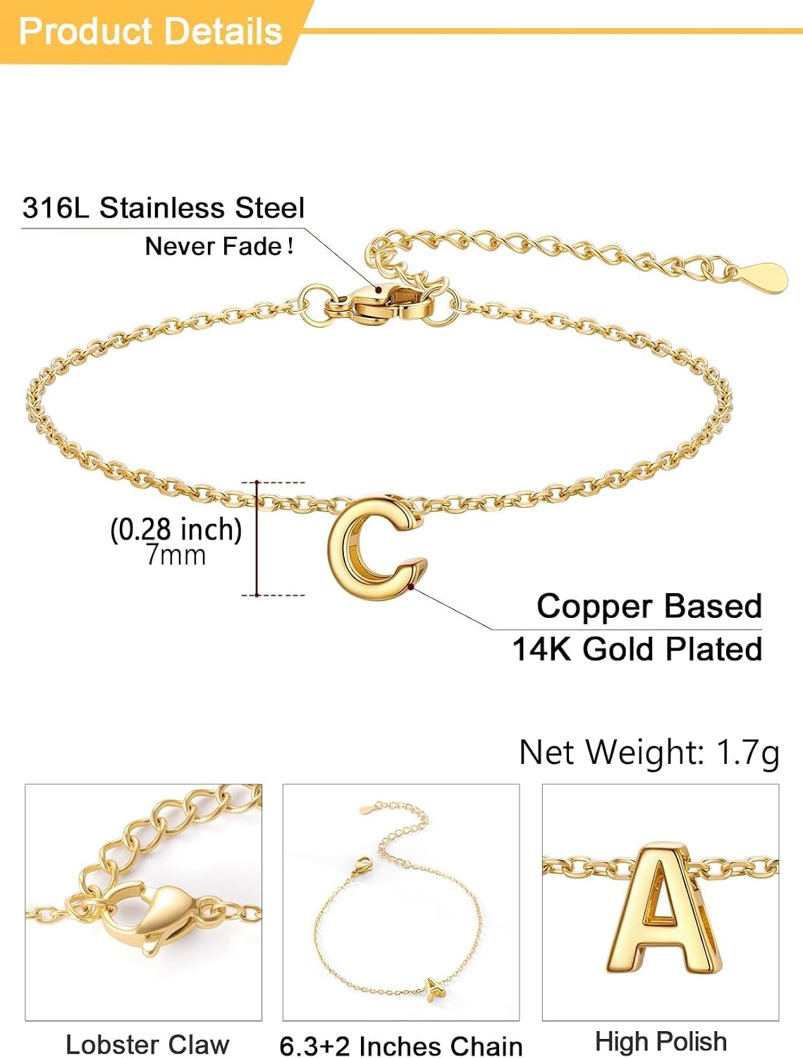 image:imageU7 Initial Heart Bracelet for Women Personalized Letter Chain BraceletsGoldInitial