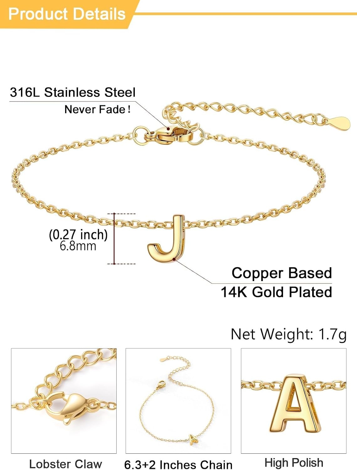 image:imageU7 Initial Heart Bracelet for Women Personalized Letter Chain BraceletsGoldInitial