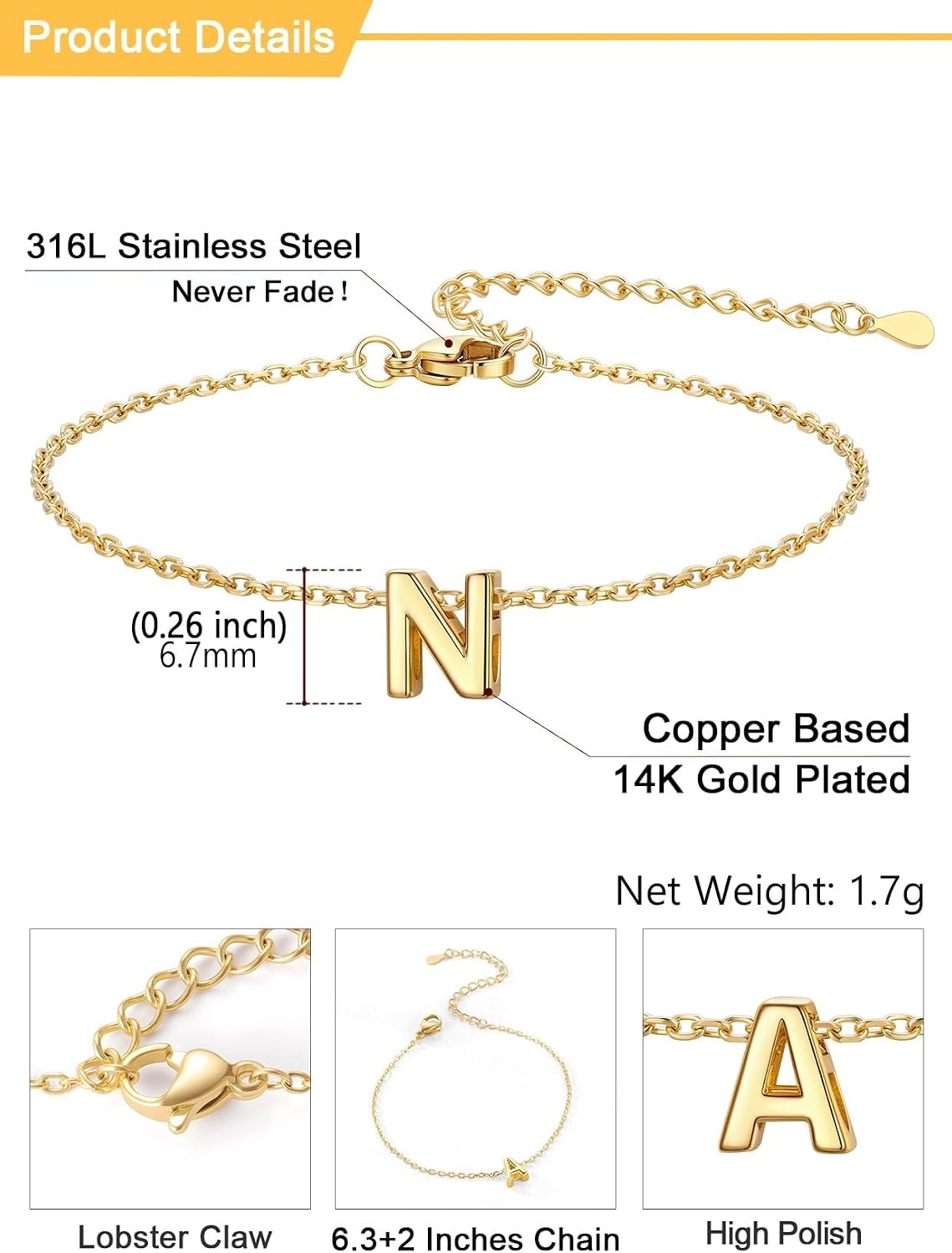 image:imageU7 Initial Heart Bracelet for Women Personalized Letter Chain BraceletsGoldInitial
