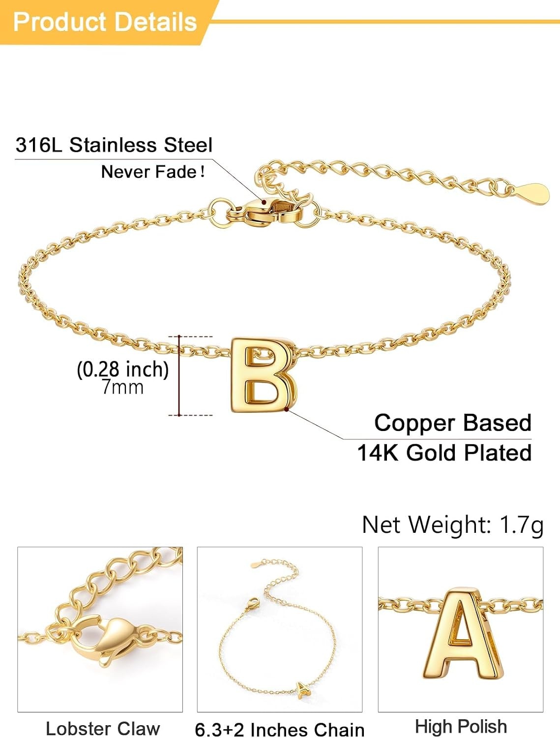 image:imageU7 Initial Heart Bracelet for Women Personalized Letter Chain BraceletsGoldInitial
