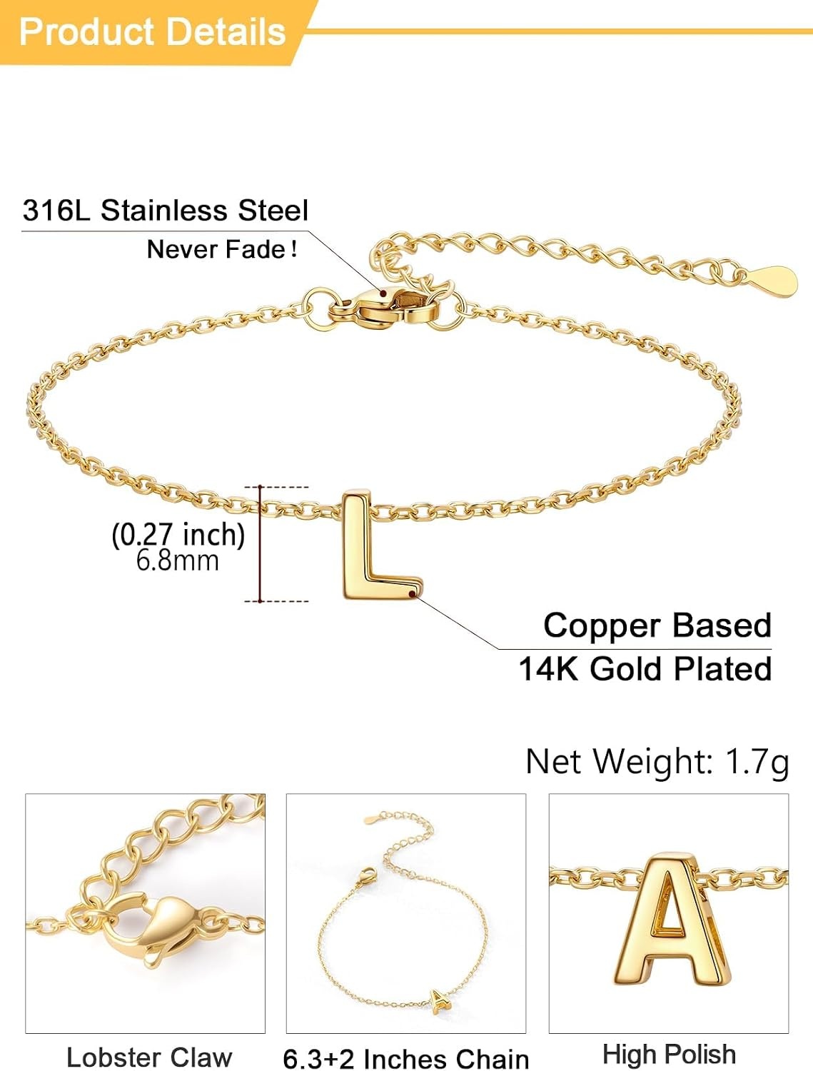image:imageU7 Initial Heart Bracelet for Women Personalized Letter Chain BraceletsGoldInitial
