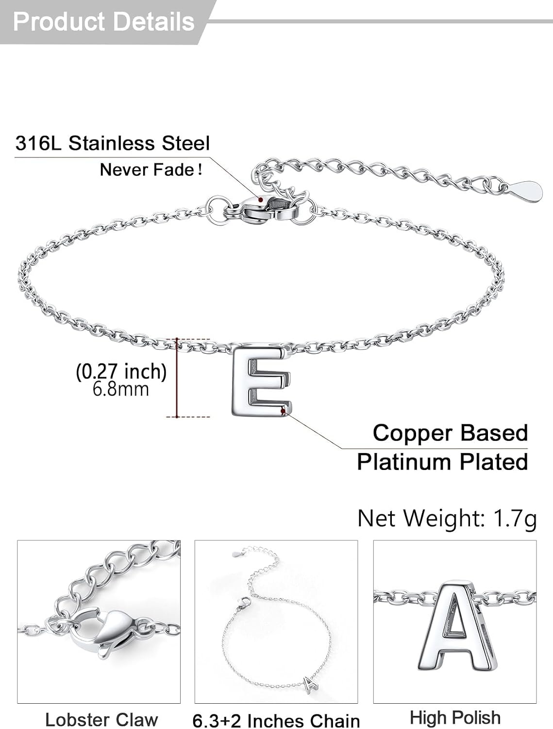 image:imageU7 Initial Heart Bracelet for Women Personalized Letter Chain BraceletsSilverInitial