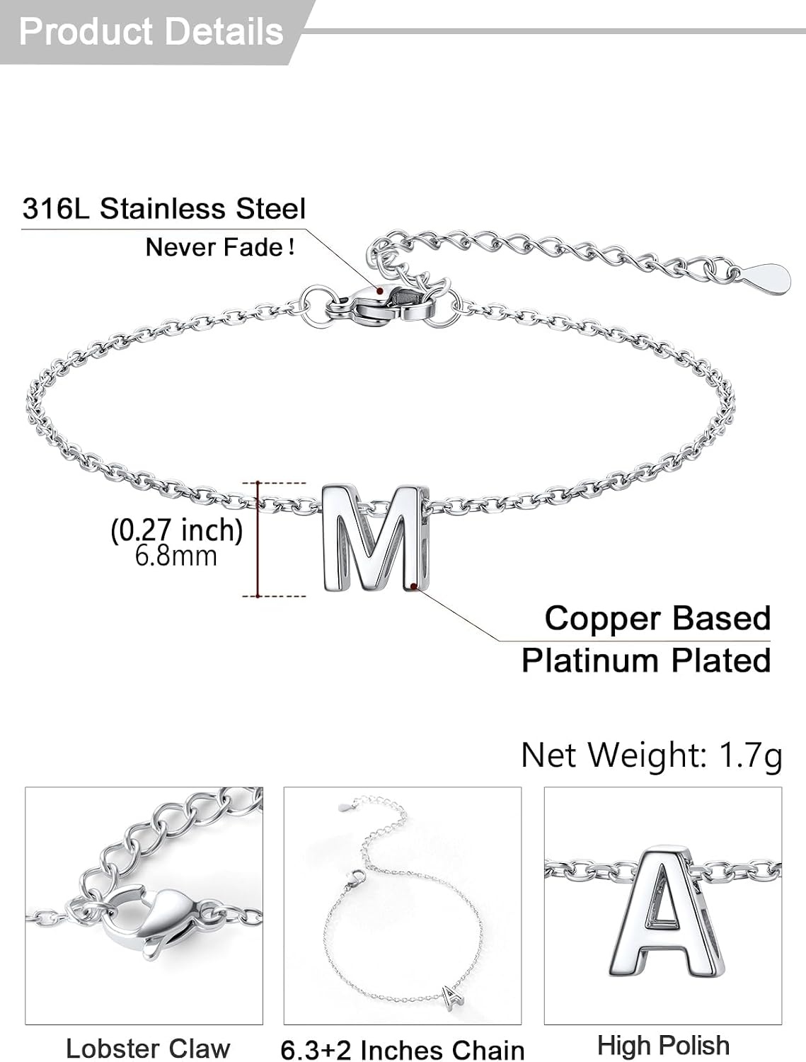 image:imageU7 Initial Heart Bracelet for Women Personalized Letter Chain BraceletsSilverInitial