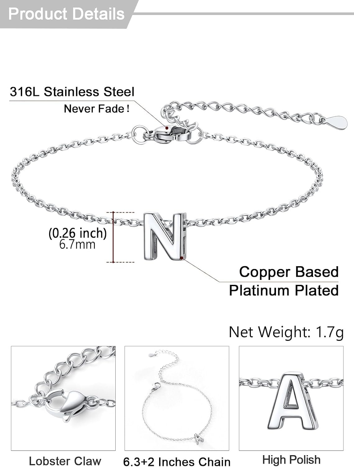 image:imageU7 Initial Heart Bracelet for Women Personalized Letter Chain BraceletsSilverInitial