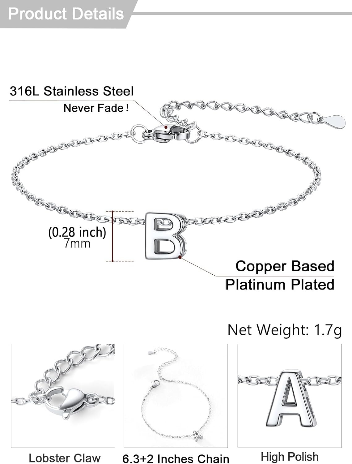 image:imageU7 Initial Heart Bracelet for Women Personalized Letter Chain BraceletsSilverInitial