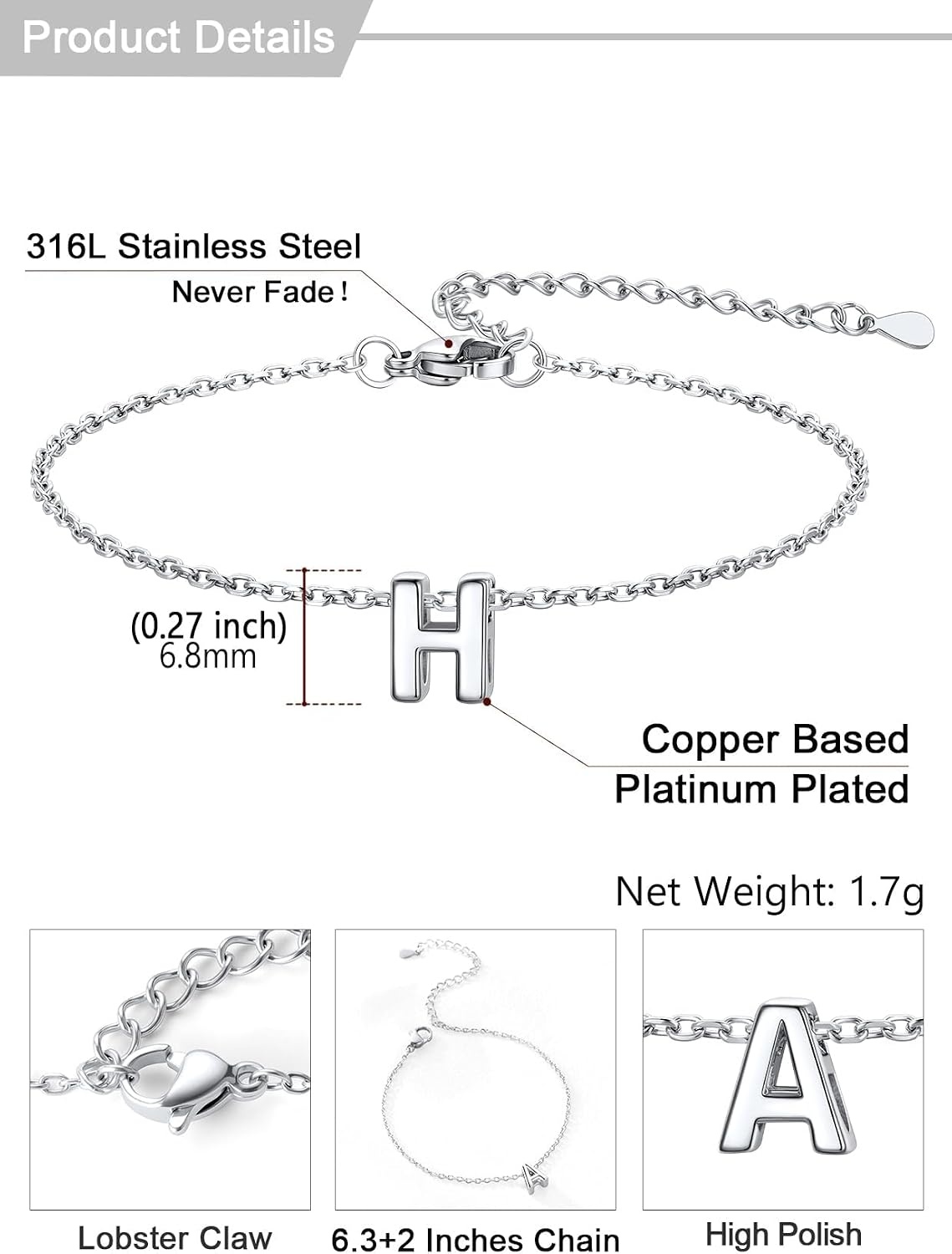 image:imageU7 Initial Heart Bracelet for Women Personalized Letter Chain BraceletsSilverInitial