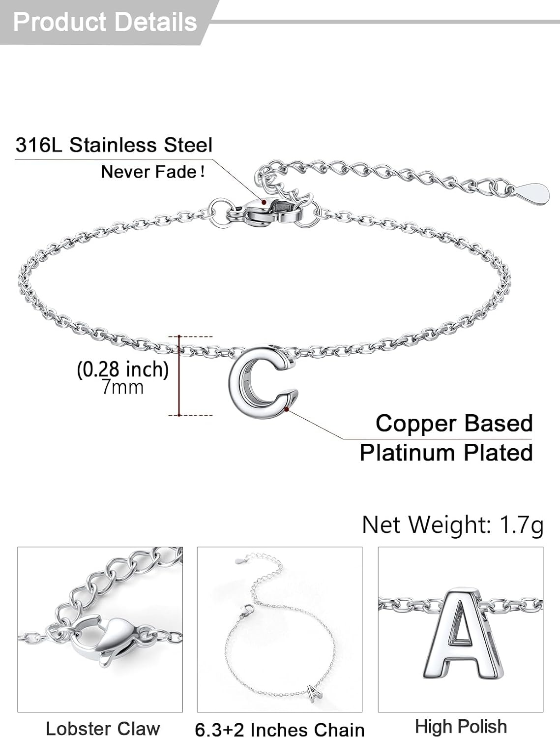 image:imageU7 Initial Heart Bracelet for Women Personalized Letter Chain BraceletsSilverInitial