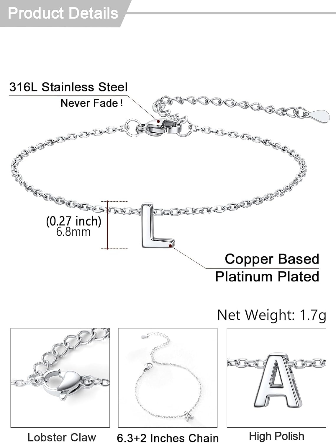 image:imageU7 Initial Heart Bracelet for Women Personalized Letter Chain BraceletsSilverInitial