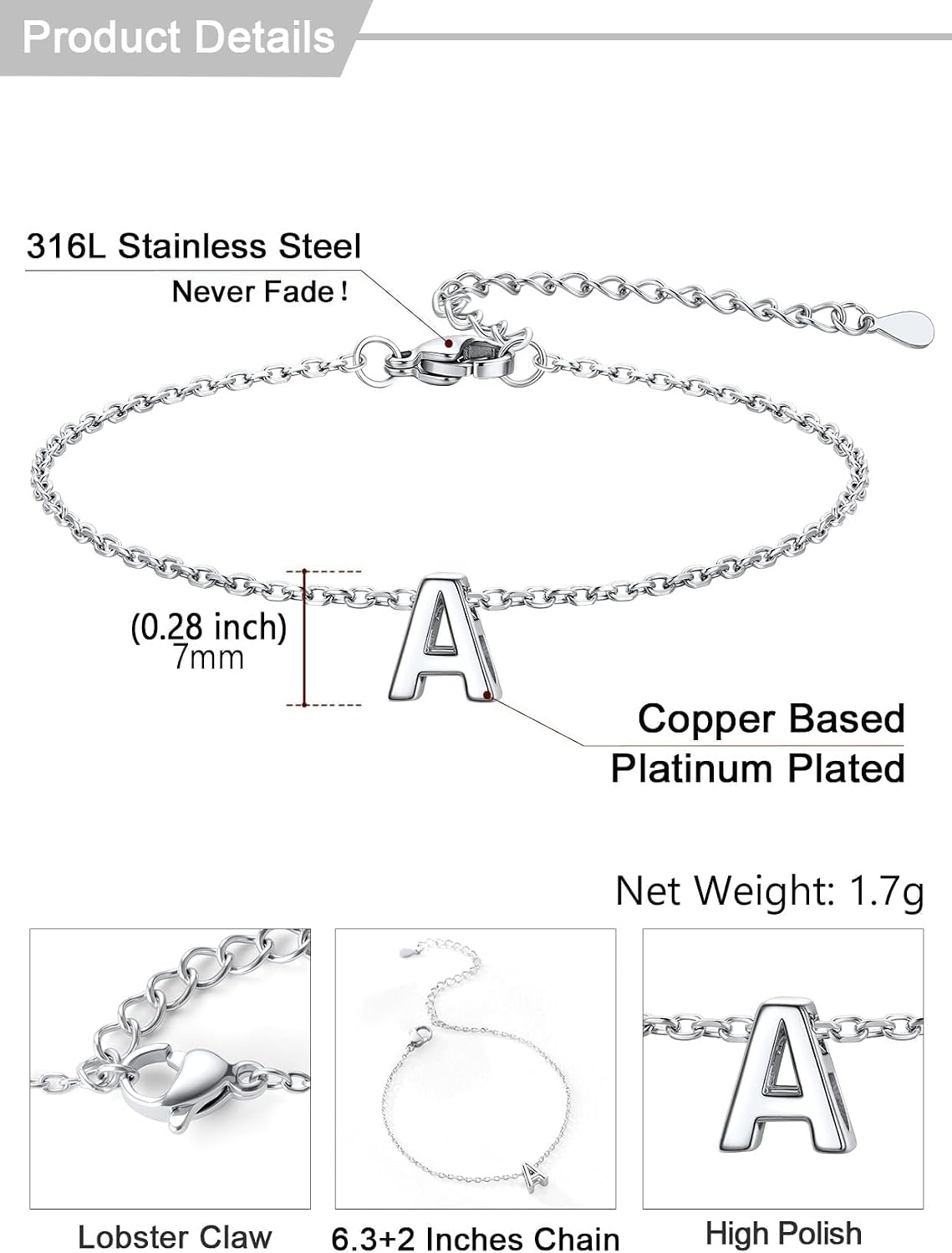 image:imageU7 Initial Heart Bracelet for Women Personalized Letter Chain BraceletsSilverInitial