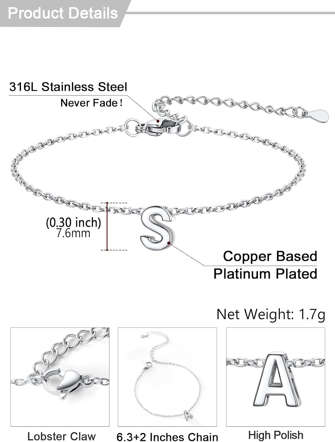 image:imageU7 Initial Heart Bracelet for Women Personalized Letter Chain BraceletsSilverInitial