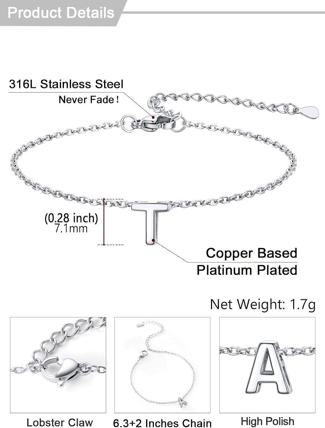 image:imageU7 Initial Heart Bracelet for Women Personalized Letter Chain BraceletsSilverInitial