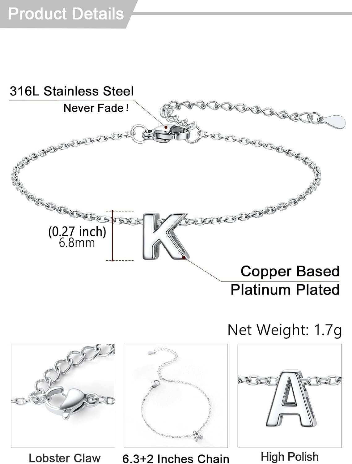 image:imageU7 Initial Heart Bracelet for Women Personalized Letter Chain BraceletsSilverInitial